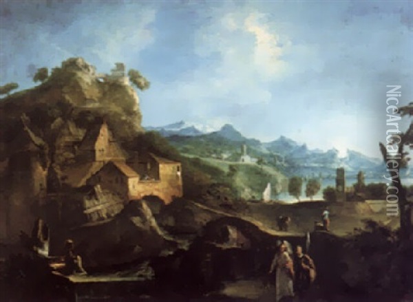 Mountainous Landscape With Tobias And The Angel Oil Painting - Antonio Diziani