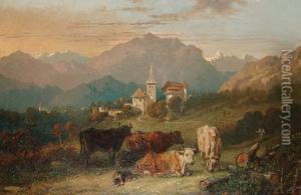 Tyrolean Scene With Cattle In The Foreground Oil Painting - Henry Courtney Selous