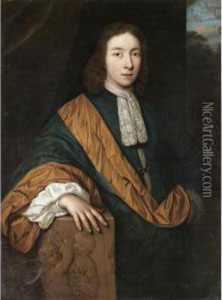 Portrait Of A Gentleman, Three-quarter Length, Wearing A Blue Cloak With A Yellow Sash Oil Painting - Gerard Hoet
