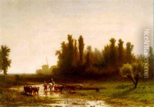 Herders Met Vee Bij Een Voorde Oil Painting - Paul Joseph Constantin Gabriel
