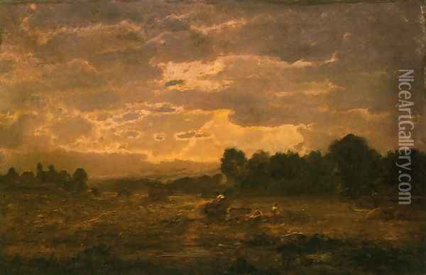 Peasants Harvesting Oil Painting - Etienne-Pierre Theodore Rousseau