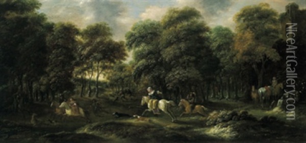 Hirschjagd In Einem Wald Mit Einer Burgruine Oil Painting - Nicolaes Molenaer