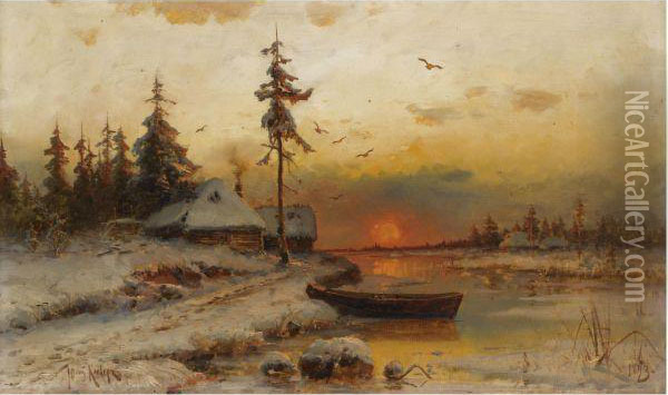 Winter Sunset Oil Painting - Iulii Iul'evich (Julius) Klever