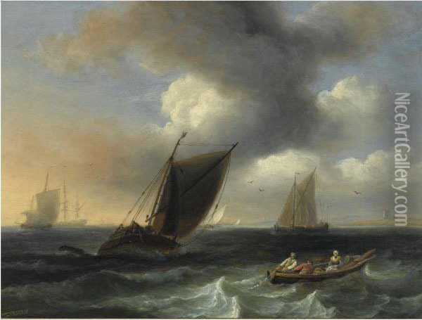 Shipping Off The Coast In A Stiff Breeze Oil Painting - Thomas Luny