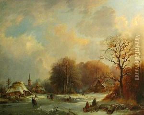 A Winter Landscape With Figures Skating On A Frozen River Oil Painting - Edward Pritchard