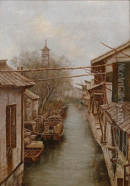 A Japanese Canal Oil Painting - Chu Asai