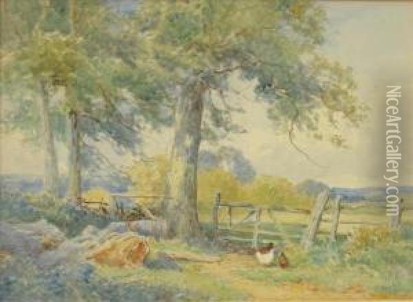 Poultry By A Gate In A Landscape Oil Painting - John Bates Noel