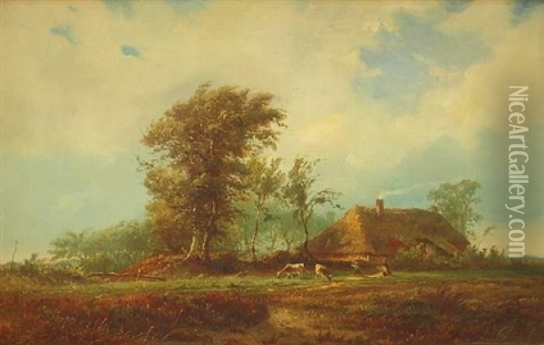 Bauernkate In Landschaft Mit Weidevieh Und Spielenden Kindern Oil Painting - Albert Jurardus van Prooijen