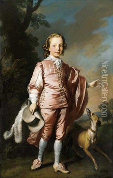Portrait Of John Prideaux Basset In Pink Van Dyck Dress, A Whippet At His Side, In A Wooded Landscape Oil Painting - Allan Ramsay