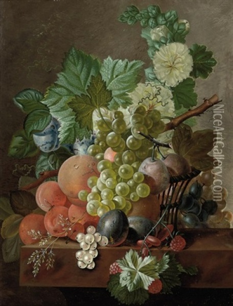 Grapes, Peaches, Plums, Gooseberries, Raspberries And Other Fruit On A Stone Ledge Oil Painting - Johannes Cornelis de Bruyn