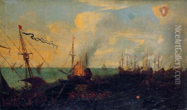 Scene De Bataille Navale Avec L'incendie D'un Bateau Oil Painting - Luca Carlevarijs