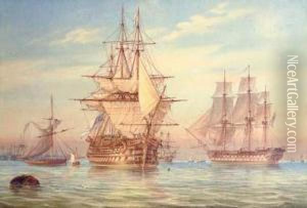 A Man O'war And Other Shipping Oil Painting - William Joy