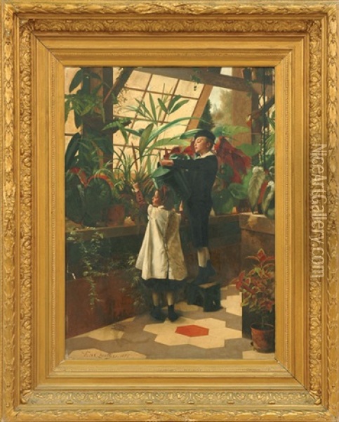 Children In The Conservatory Oil Painting - Edouard Quitton