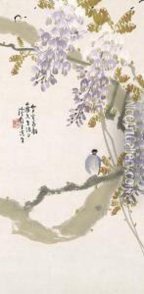 Wisteria And Bird, Flower Oil Painting - Chen Shuren