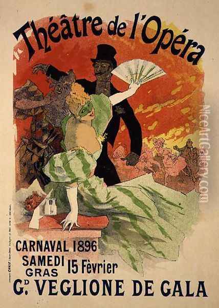 Reproduction of a Poster Advertising the 1896 Carnival at the Theatre de l'Opera, 15th February 1896 Oil Painting - Jules Cheret