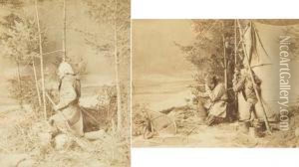 Two Views: Elk Hunting: Stalking The Game; And Caribou Hunting: Game In Sight. Oil Painting - William Mcfarlane Notman