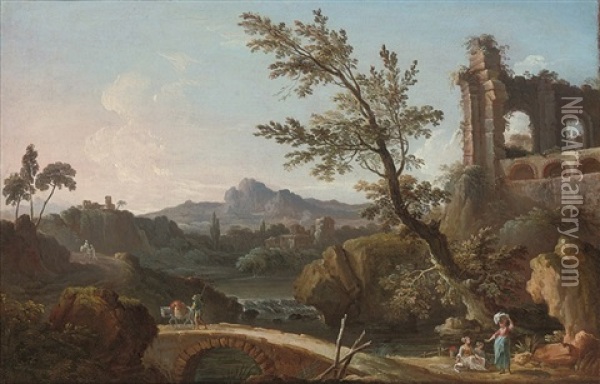 Figures On A Path Beside Ruins Oil Painting - Jean Baptiste Pillement