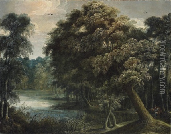 An Extensive Wooded River Landscape With A Hunter In The Foreground Oil Painting - Jacques d' Arthois