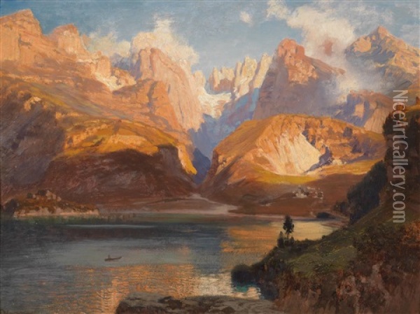 Lake Molveno With The Brenta Group. Late Autumn. South Tyrol Oil Painting - Anton Hlavacek