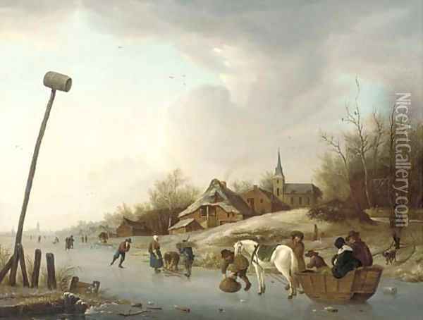 A winter landscape with skaters and a cart on a frozen river near a village Oil Painting - Andries Vermeulen