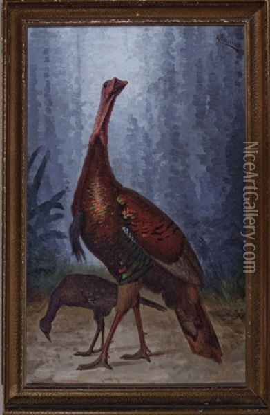 Louisiana Eastern Wild Turkeys (tom And Jake) Oil Painting - Achille Perelli