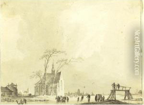 'view Of A Frozen Canal With Ice Skaters' And 'view Of A River Town': Two Drawings Oil Painting - Paulus Van Liender