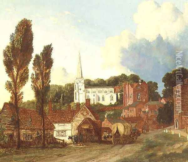 A view of Harrow, with St. Mary's Church and the Old Schools Building and Yard, 1813 Oil Painting - George Clint