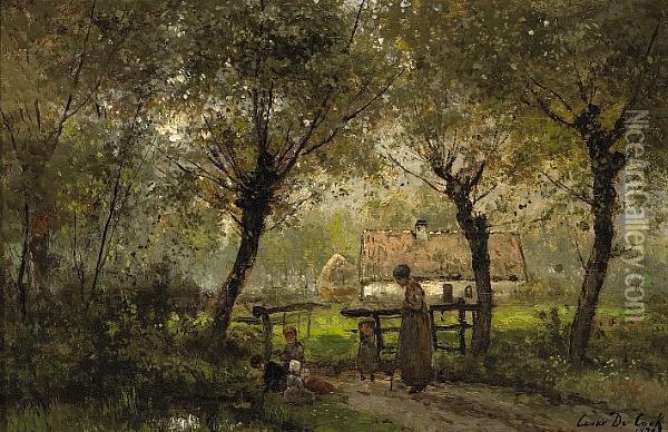 A Wooded Landscape With A Woman And Children On A Path Oil Painting - Cesar De Cock