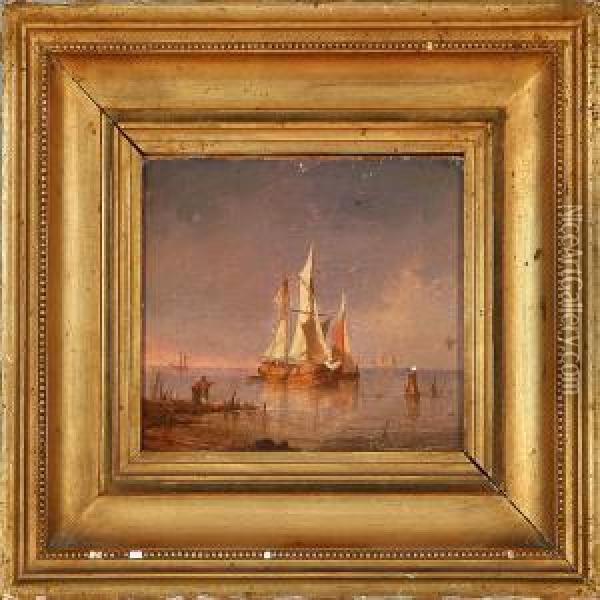 Coastal Scene With Sailing Ships At Sunset Oil Painting - C. F. Sorensen
