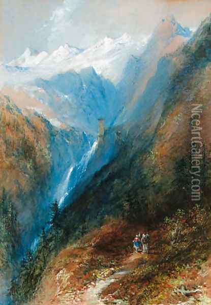 Figures on a track with a waterfall beyond Oil Painting - Thomas Colman Dibdin