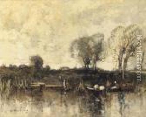 A French River Oil Painting - William Alfred Gibson