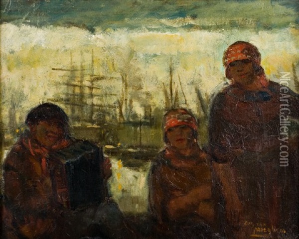Accordeoniste Et Raccommodeuses De Sacs Au Port Oil Painting - Eugene van Mieghem