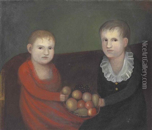 A Double Portrait Of Two Children Holding A Bowl Of Fruit Oil Painting - Zedekiah Belknap