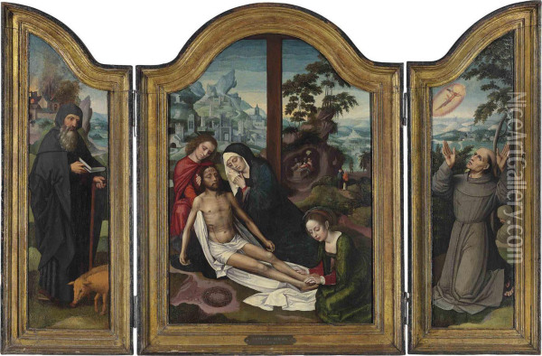 The Lamentation, With The Deposition Oil Painting - Ambrosius Benson