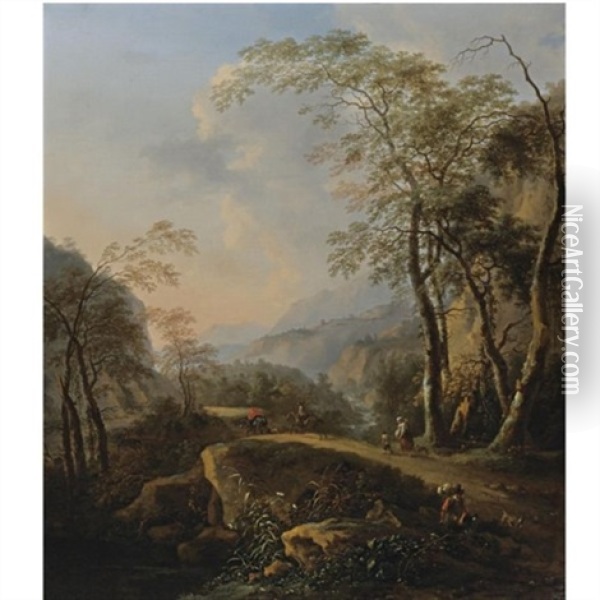 An Italianate Landscape With Horsemen And Peasants On A Path By A Gorge (in Collab. W/nicolaes Pietersz. Berchem) Oil Painting - Jan Dirksz. Both