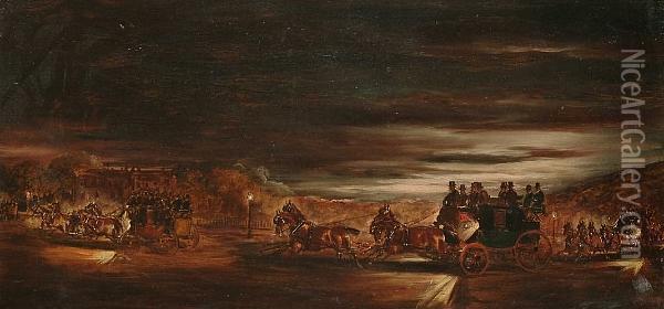 The London To Brighton Stage Coach By Night Oil Painting - Edith F. Jones
