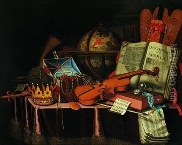 Nature Morte Aux Instruments De Musique, Mappemonde Et Coffret De Bijoux Sur Un Entablement Oil Painting - Edward Collier