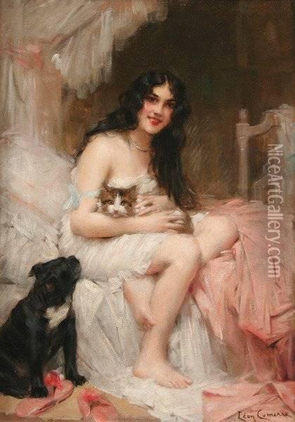 Beauty In Bed With Kitten And Black Dog Oil Painting - Leon Francois Comerre