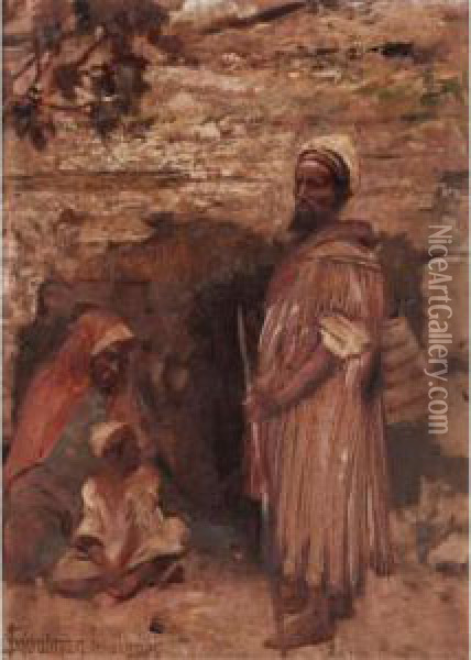 Figures By A Wall, Jerusalem Oil Painting - Isaac Snowman