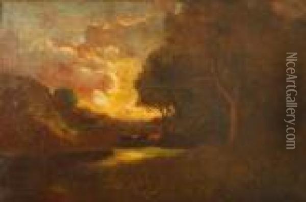 Cattle Watering At Twilight Amidst Oaks Oil Painting - William Keith