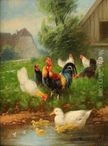 Hen And Ducks Oil Painting - Otto Scheuerer