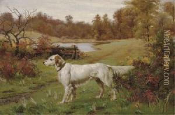 A Marbled Beauty - An English Setter In A Landscape, A Lakebeyond Oil Painting - John Martin Tracy