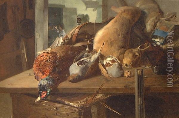 A Mixed Bag, Pheasant, Rabbit And Partridge Ona Table Oil Painting - Edward Robert Smythe