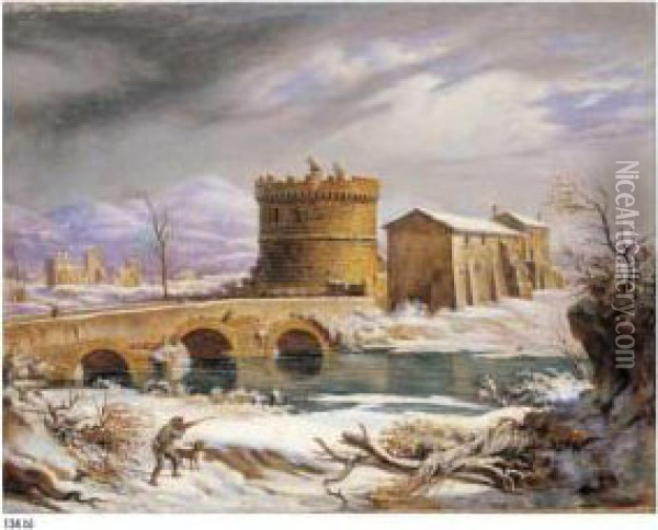 A) Viandanti E Cacciatori In Un Pasaggio Invernale B) Veduta Di Ponte Lucano Oil Painting - Francesco Foschi