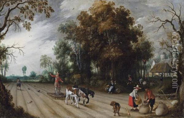 An Allegory Of Autumn: A Farmer 
Harrowing A Field While Anothersows, With Peasants Gathering Apples In 
An Orchard Beyond Oil Painting - Sebastien Vrancx