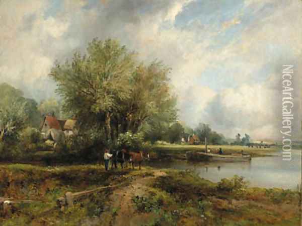 A wooded river landscape with a barge and cottages Oil Painting - Frederick Waters Watts