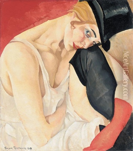 Woman In Top Hat Oil Painting - Boris Dmitrievich Grigoriev