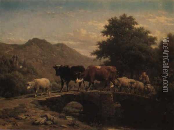 Cattle And Sheep Crossing A Bridge In A Landscape Oil Painting - Andre Plumot