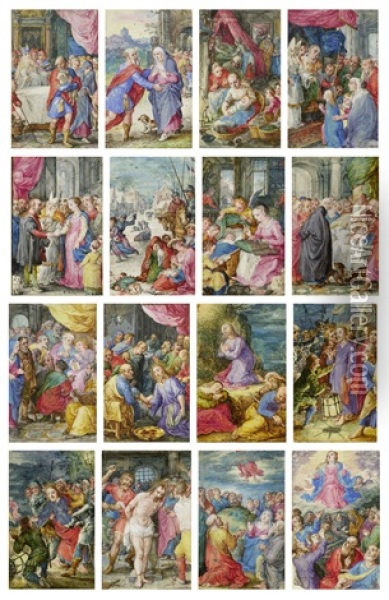Set Of 16 Miniatures From The Lives Of The Virgin Mary And Jesus Oil Painting - Jan Brueghel the Elder