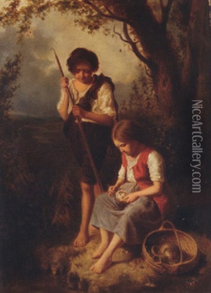 Children By A Pool Oil Painting - Pierre Edouard Frere
